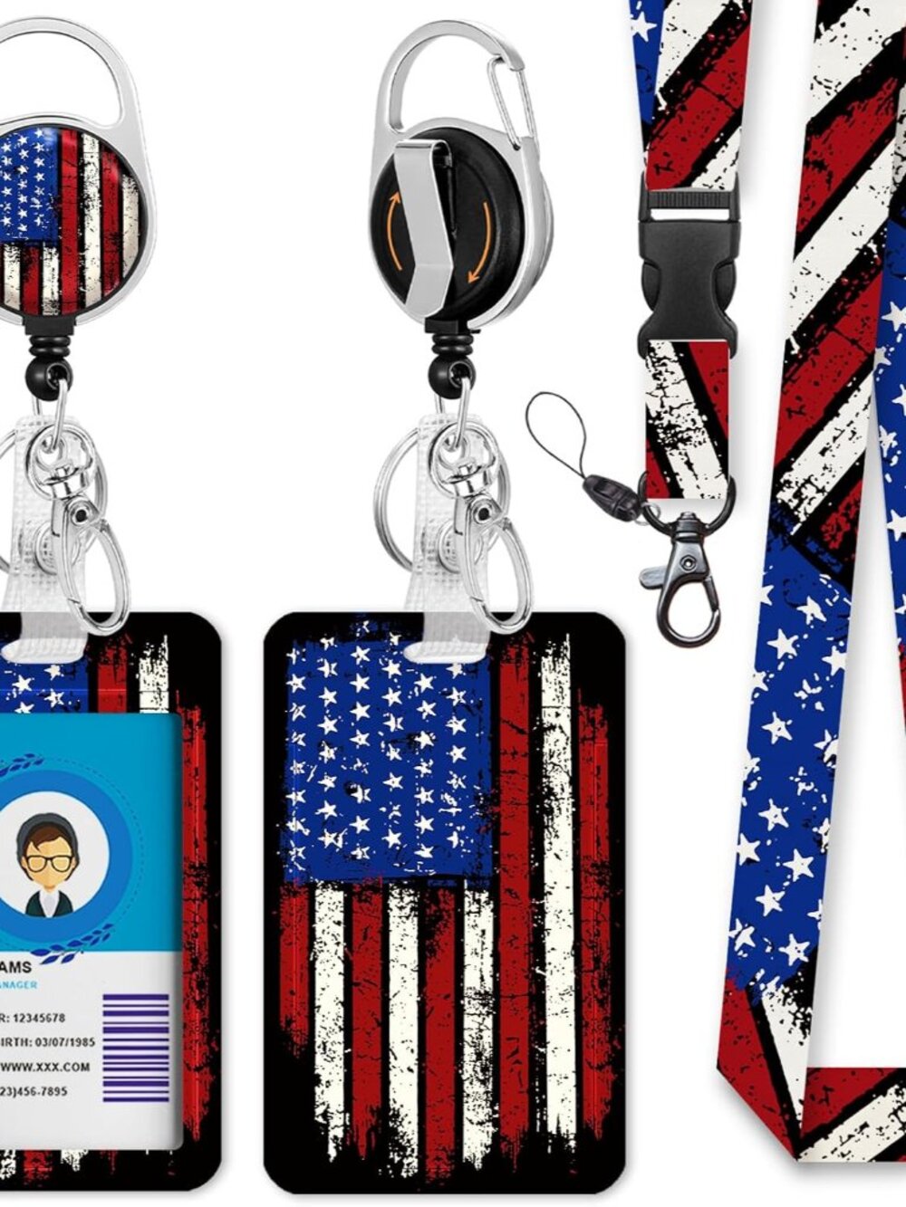 American Flag ID Badge Holder with Lanyard, Retractable Badge Reel Clip